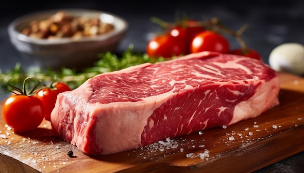 Foto un pedazo de carne está en una tabla de cortar con un cuenco de verduras.