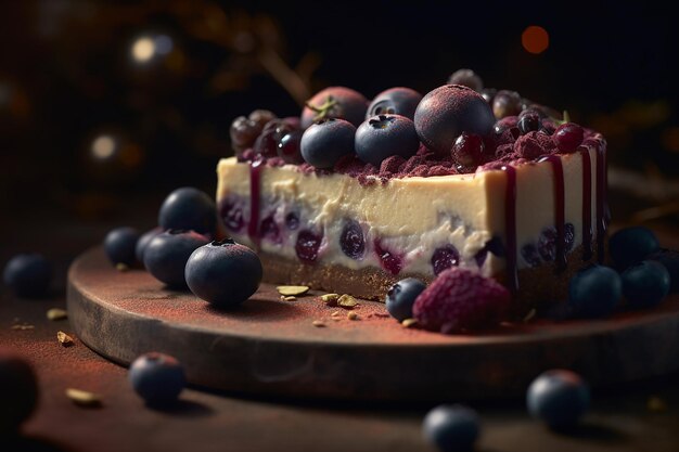 Pedazo de cheesecake de arándanos y chocolate blanco