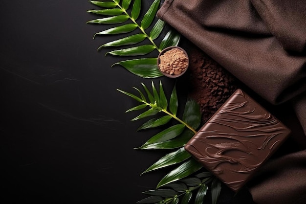 Foto un pedazo de chocolate con una hoja verde en él