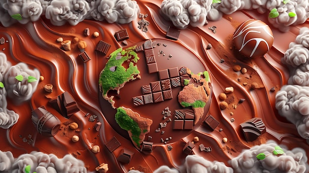 Foto un pedazo de chocolate con un mapa del mundo en él