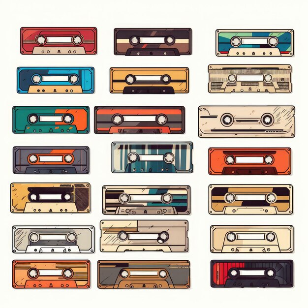 Un pedazo de cintas de cassette retro aisladas sobre un fondo blanco