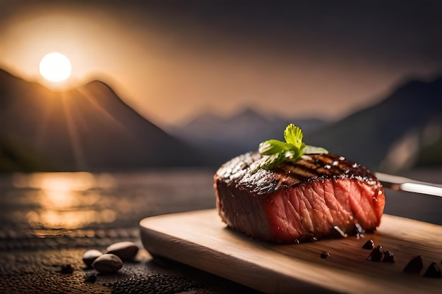 Foto un pedazo de filete con una hoja verde en la parte superior