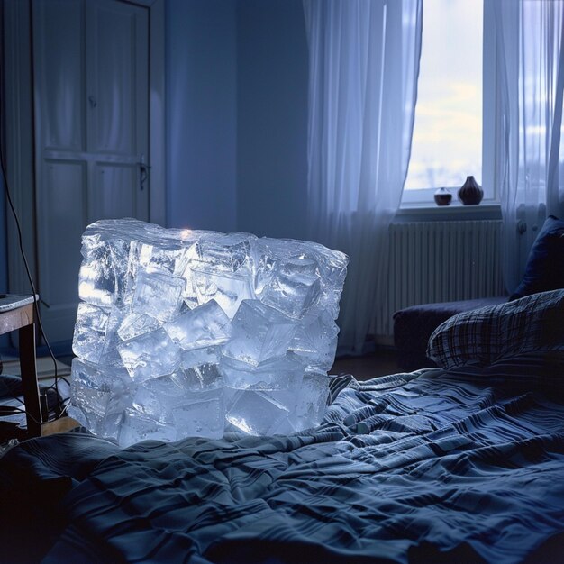 un pedazo de hielo está en una cama en una habitación