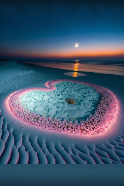 Pedazo de hielo en forma de corazón que se sienta encima de un ai generativo de la playa