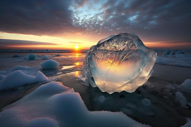 Pedazo de hielo muy grande e impresionante durante el amanecer de invierno