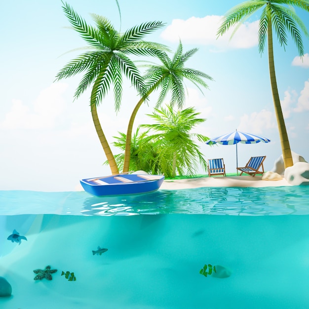 Pedazo de isla tropical con palmeras y un barco en el océano