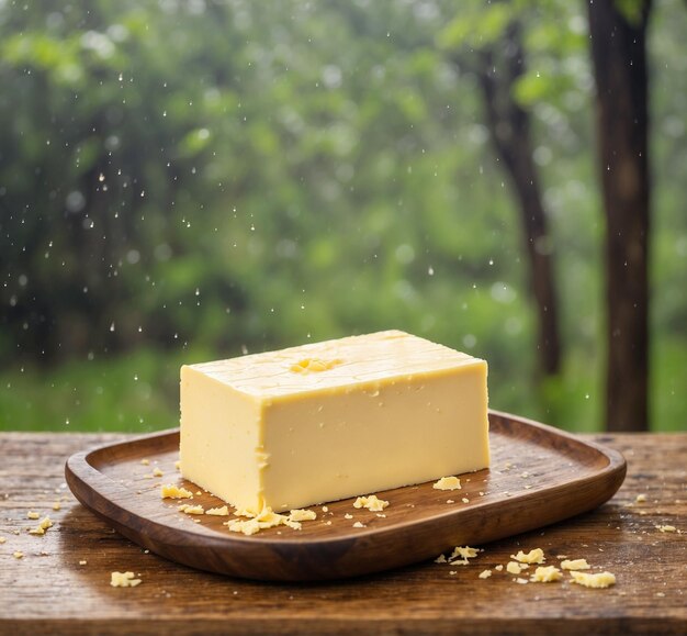 Un pedazo de mantequilla en un plato de madera con gotas de lluvia en el fondo