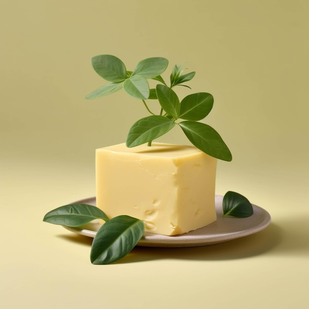 Un pedazo de mantequilla en un plato y una planta verde sobre un fondo amarillo