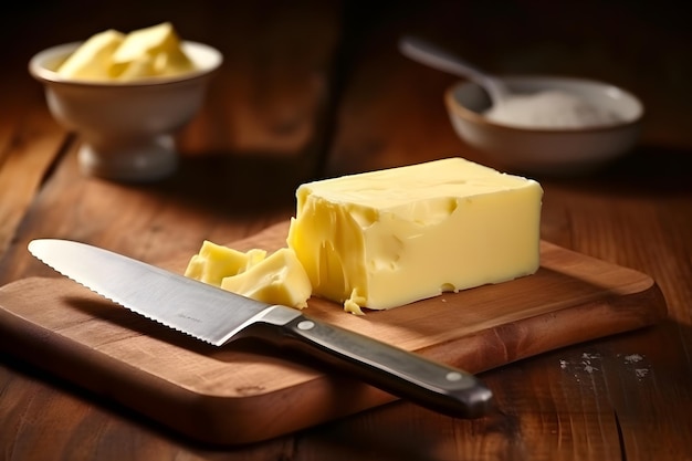 Foto un pedazo de mantequilla y queso de leche en la mesa cuchillo de mesa y desayuno sirviendo