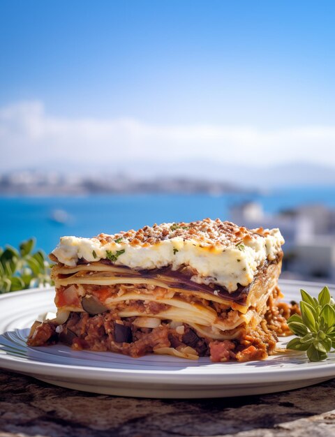 Un pedazo de moussaka en el plato contra la orilla del mar