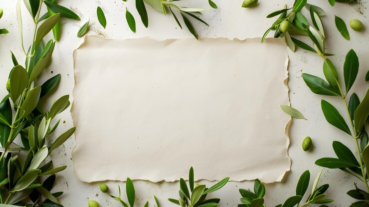 Un pedazo de papel de arena en blanco de crema con hojas de olivo a su alrededor como marco con espacio de copia generado por la IA