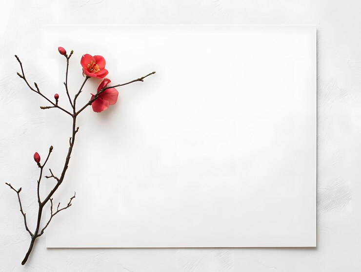 un pedazo de papel blanco en blanco con una flor roja seca a la izquierda IA generativa