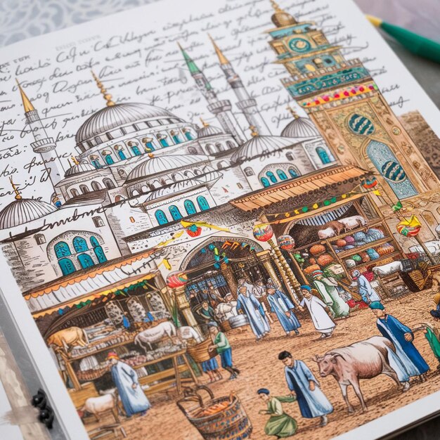 un pedazo de papel con un dibujo de una mezquita y una mezquita