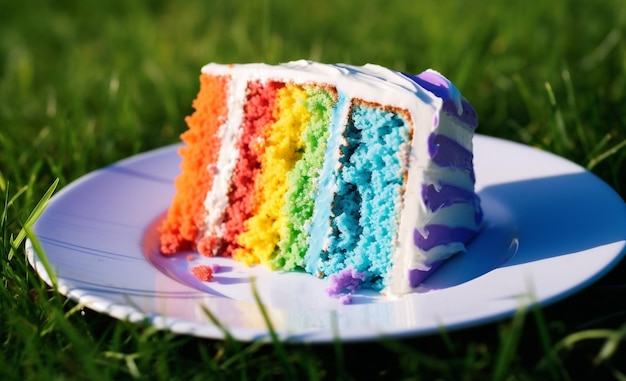 un pedazo de pastel de arco iris está en un plato en la hierba en el estilo de campos de colores atrevidos blanco oscuro