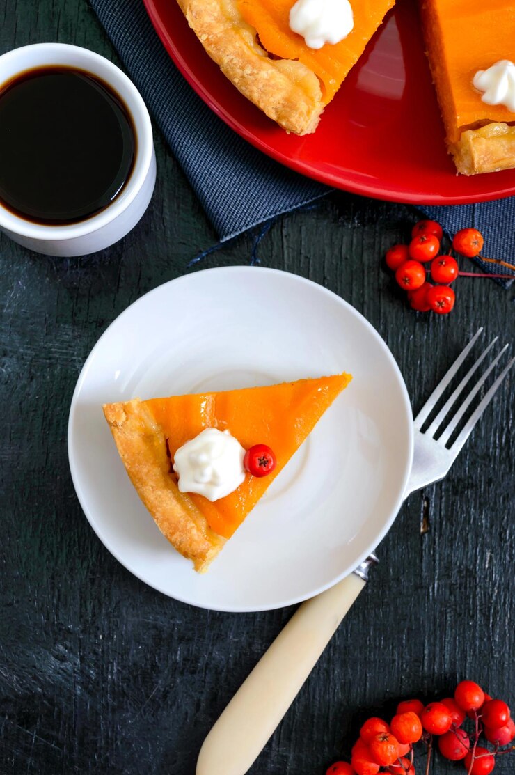 Un pedazo de pastel de calabaza casero tradicional y café sobre un fondo negro postre de comida saludable