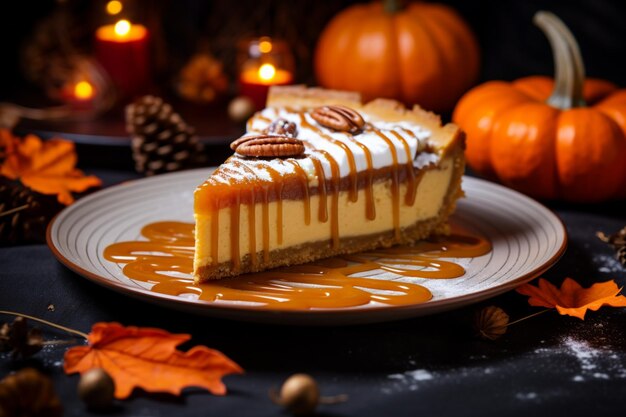 Un pedazo de pastel de calabaza en un fondo oscuro con calabazas Estética de otoño