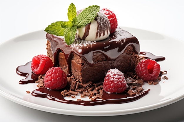 Un pedazo de pastel de chocolate con frambuesas en un plato sobre un fondo blanco