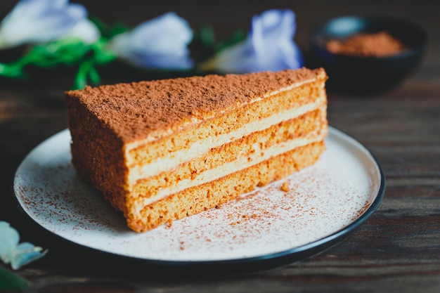 Pedazo de pastel de chocolate y nuez en un plato sobre una mesa