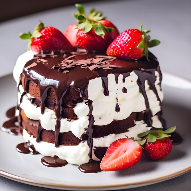 un pedazo de pastel de chocolate en un plato con frambuesas