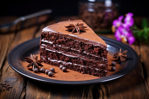 Pedazo de pastel de chocolate en un plato sobre una mesa de madera marrón