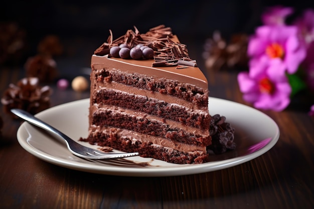 Pedazo de pastel de chocolate con virutas en placa sobre mesa de madera