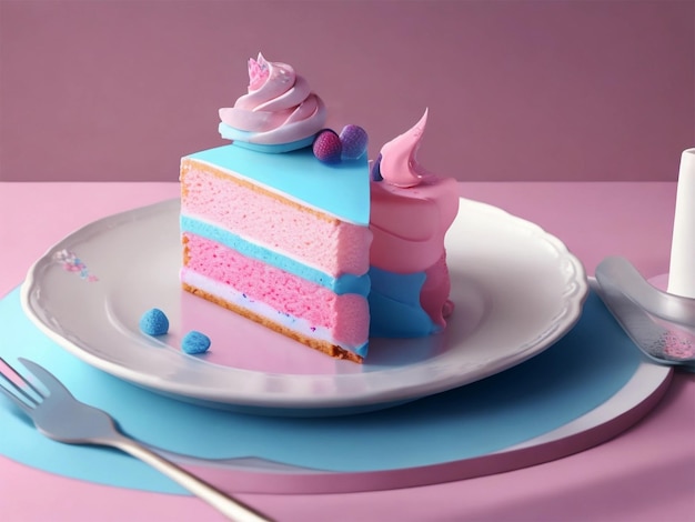 Pedazo de pastel con decoración rosa y azul en el plato