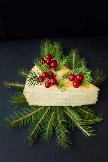 Pedazo de pastel decorado árbol y bayas sobre una superficie negra