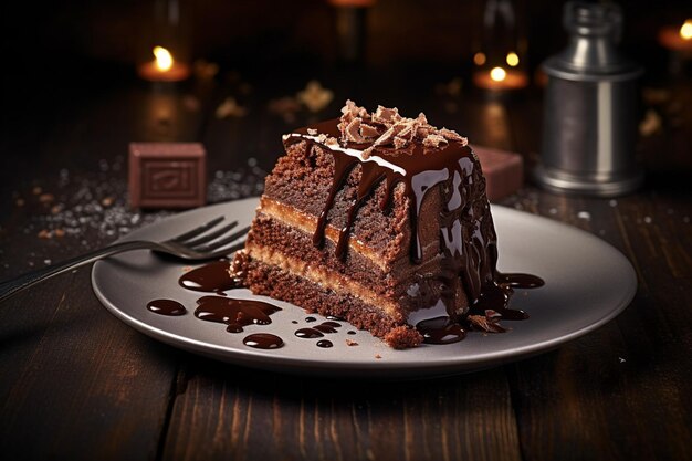 Un pedazo de pastel con glaseado de chocolate y nueces en él