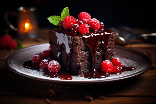 Foto un pedazo de pastel con glaseado de chocolate y nueces en él