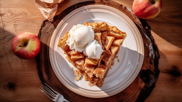 Un pedazo de pastel de manzana con helado en un plato