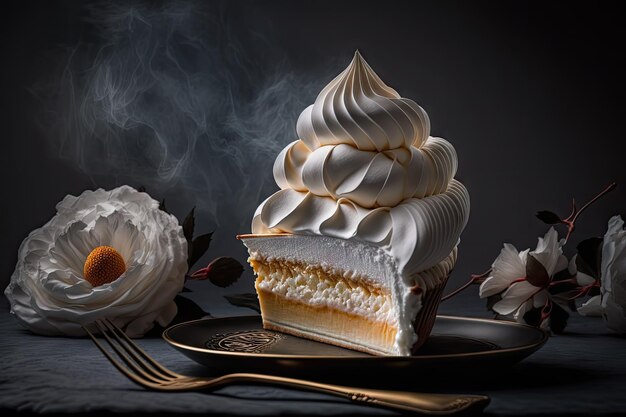 Pedazo de pastel de merengue dulce con crema de malvavisco sobre fondo oscuro