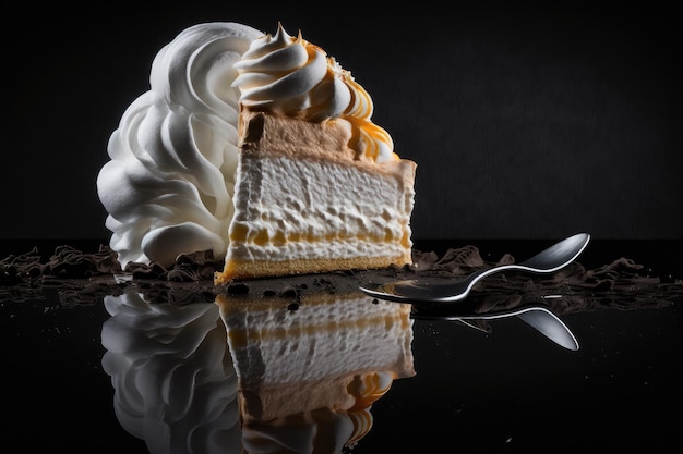 Pedazo de pastel de merengue dulce con crema de malvavisco sobre fondo oscuro