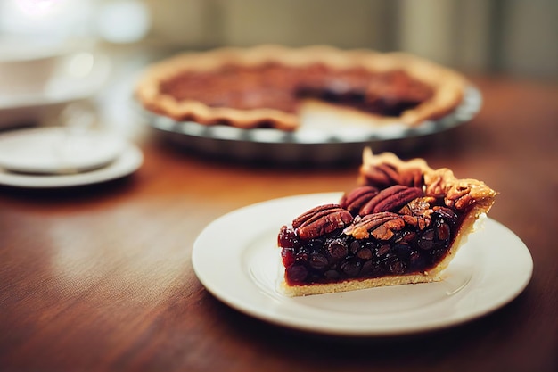 Foto pedazo de pastel de nuez con nueces en plato blanco sobre mesa de madera