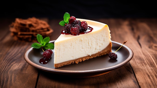 pedazo de pastel de queso con bayas en una tabla de madera IA generativa