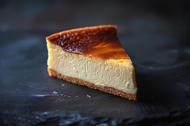 Un pedazo de pastel de queso con una corteza marrón en una superficie negra con una cuchara en él y un bocado sacado