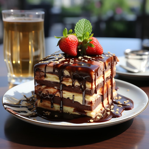 un pedazo de pastel de queso de fresa con caramelo y chocolate