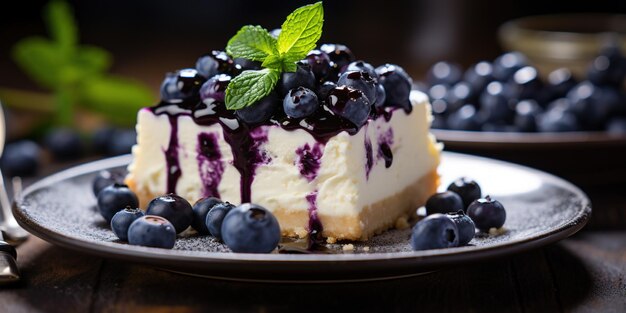 Foto un pedazo de pastel de queso en un plato con arándanos