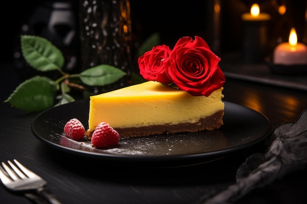 Un pedazo de pastel de queso en un plato negro con una rosa amarilla