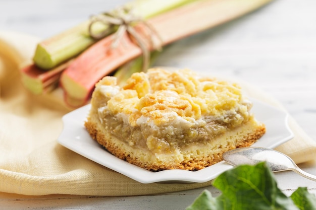 Pedazo de pastel de ruibarbo casero en plato blanco