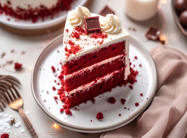 Un pedazo de pastel de terciopelo rojo con crema y guarnición de chocolate en un plato blanco