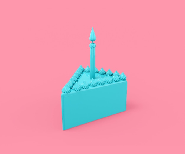 Pedazo de pastel triangular azul con una vela festiva sobre un fondo rosa. Objeto de diseño minimalista. Representación 3D.