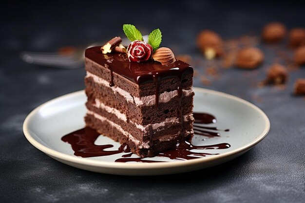 Un pedazo de pastel de trufa con chocolate en un fondo de hormigón gris