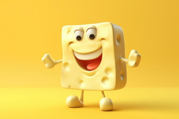 Foto pedazo de personaje de dibujos animados de queso holanda sobre fondo amarillo ilustración 3d