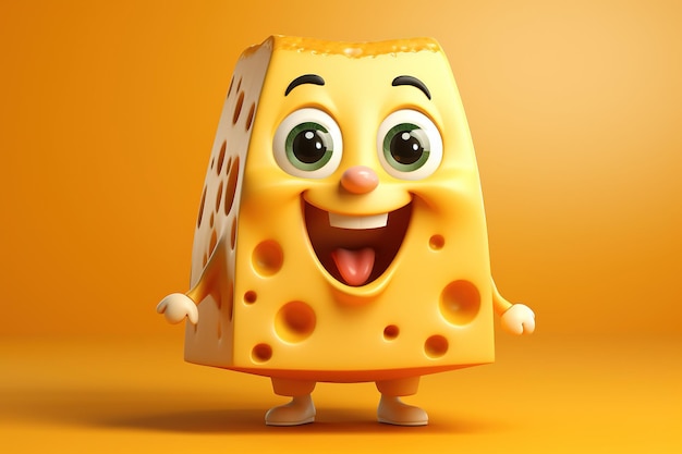 Foto pedazo de personaje de dibujos animados de queso holandés sobre ilustración de fondo naranja