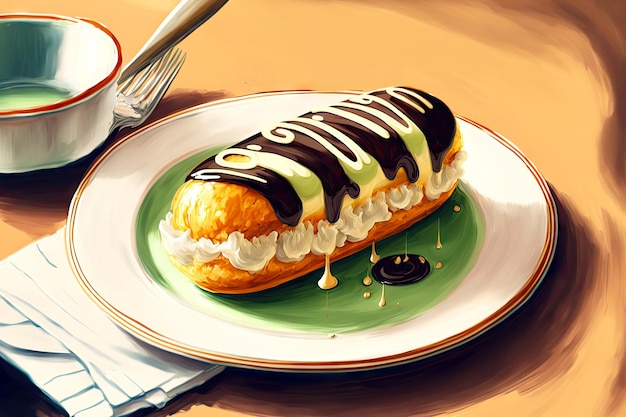 Pedazo de postre eclair con crema en plato sobre mesa