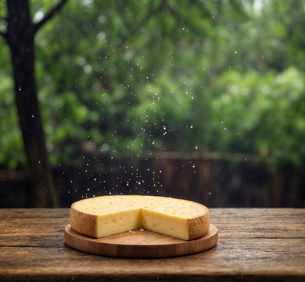 Foto un pedazo de queso en una mesa de madera con fondo bokeh verde