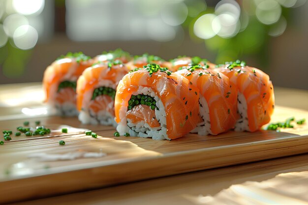 Foto un pedazo de sushi sentado en la parte superior de una tabla de cortar de madera