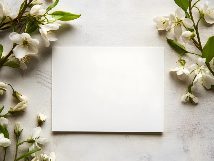 Un pedazo de tarjeta blanca en blanco colocado en una superficie negra con flores blancas imagen generativa de IA