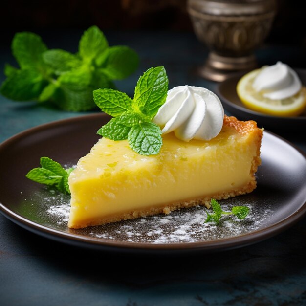 Un pedazo de tarta de limón con menta en el plato