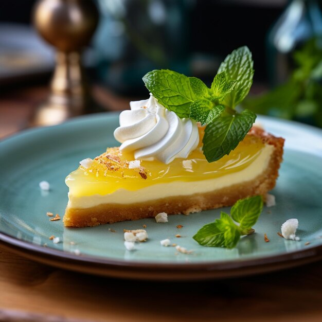 Un pedazo de tarta de limón con menta en el plato